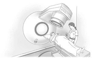 An illustration of a person about to receive external radiotherapy.