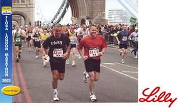 Marathon runners and Eli Lily logo
