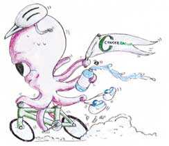 Octopus on a bike with CancerBACUP flag